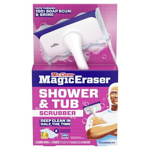 MR. CLEAN MAGIC ERASER SHOWER & TUB SCRUBBER, BATHROOM CLEANER, ALL IN ONE BATHROOM CLEANER, LEMON STARTER KIT, 1 SCRUBBER & 2 FOAMING MAGIC ERASERS