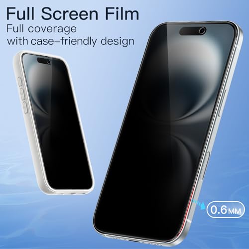 JETech Full Screen Privacy Screen for iPhone 16 6.1 Inch, Black Edge Anti-Spy Tempered Glass Screen Protector with Easy Installation Tool, Does Not Influence the Case, Pack of 2