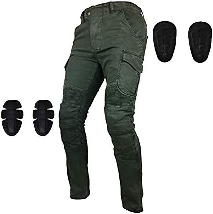 Fashio Menโs Denim Motorcycle Motorbike Sports Jeans with Protective Lined Armoured Olive