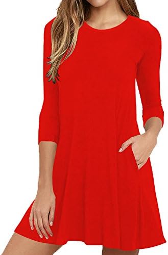 Zero City Casual Flowy Simple Swing T-Shirt Loose Pockets Dress,X-Large,A12_3/4 Sleeve_red