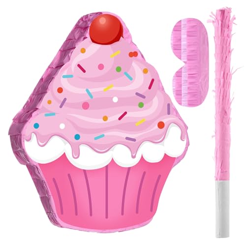 Harrycle Cupcake Birthday Piñata Donut Cake Piñata with Stick Blindfold for Birthday Party Shower Supplies(Cupcake)