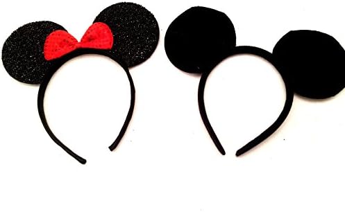 Mickey Mouse Ears Solid Black and Sequin Bow Minnie Headband for Boys and Girls Birthday Party or Celebrations (Pack of 2)