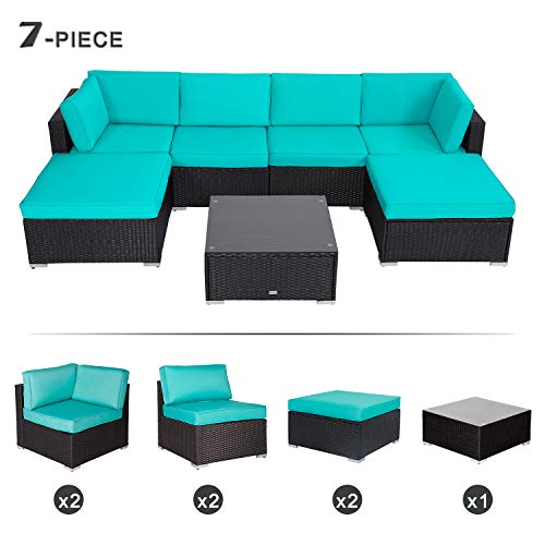 Peach Tree 7 PCs Outdoor Patio PE Rattan Wicker Sectional Sofa Furniture Set with 2 Pillows and Tea Table