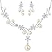 EleQueen Women's Silver-Tone CZ Simulated Pearl Flower Filigree Bridal Necklace Earrings Set Cream Color