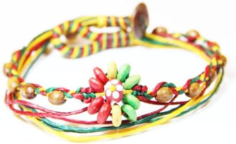 Cute Daisy Flower Handmade Anklet Rasta Color Cotton Wax Cord Wood Beads (AP2310)