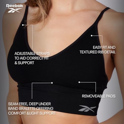 Reebok Top Corto Acanalado sin Costuras Mujer,Top Estilo Sujetador sin Costuras con sujeción Ligera, sin Aros y con Almohadillas extraíbles,Disponible en Negro o Blanco, en 4 Tallas
