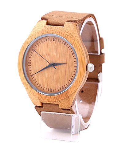 Mercimall Mens Wooden Wristwatch with Leather Strap Natural Bamboo Wood Watch Gift for Groomsmen