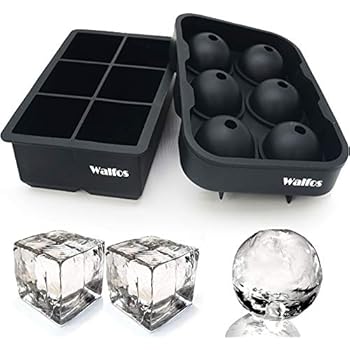WALFOS 100% Food Grade Silicone Ice Cube Tray Combo Molds - Set of 2, Sphere/Round Ice Ball Maker & Large Square Molds, BPA Free and Fairly Easy to Remove From Mold