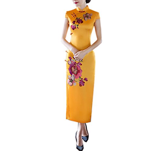 XueXian(TM) Women's Summer Flower Plain Long Chinese Dress Cheongsam Maxi Party Qipao