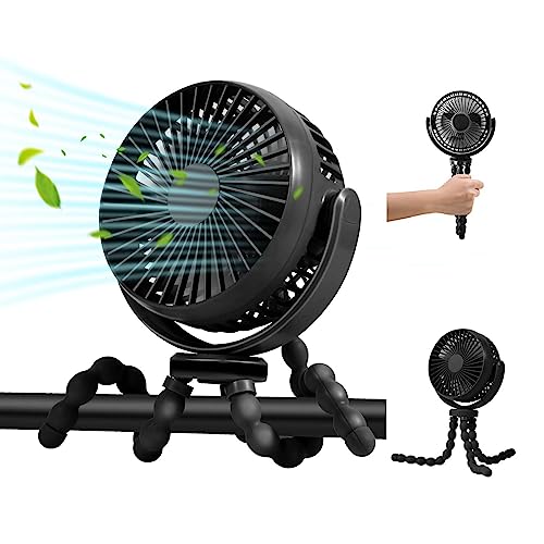 Drosica Stroller Fan, 5200mAh Battery Operated Baby Stroller Fan, 30 Hours Run Time, 3 Speed Adjustment, 360 Degree Rotation with Flexible Tripod for Car Seat Crib Bike Stepper (Black)