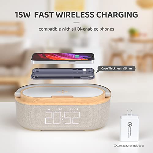 COLSUR Bluetooth Speaker with Digital Alarm Clock, Wireless Charger, FM Clock Radio, Adjustable