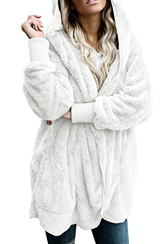 OUR WINGS Women Winter Warm Outwear Fleece Sherpa Jacket Hooded Coat With Pocket (S, White)