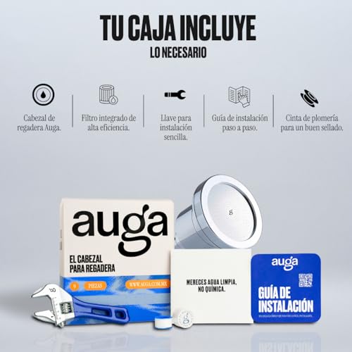 AUGA Cabezal de Ducha con Filtro Premium. Elimina Cloro y Metales Pesados. Mejora tu Piel y Cabello. Incluye Kit Completo de Instalación. Mayor Presión de Agua. Tecnología KDF-55. Color Cromo