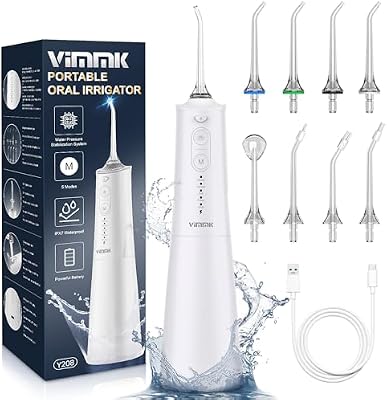 Irrigatore orale senza fili, pulitore elettrico Vimmk, doccia dentale, 5 modalità e 8 ugelli USB-C ricaricabile, IPX7, impermeabile (beige)