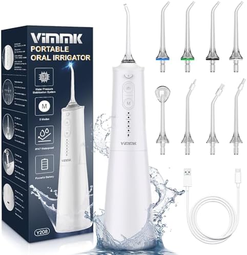 Irrigador oral portátil, irrigador dental profissional sem fio vimmk 8 bicos 5 modos, ipx7 à prova d'água 300ml usb-c recarregável para limpeza de dentes, para casa e viagens (branco)
