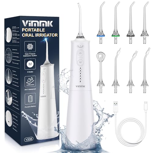 Irrigatore orale senza fili, pulitore elettrico Vimmk, doccia dentale, 5 modalità e 8 ugelli USB-C ricaricabile, IPX7, impermeabile (beige)