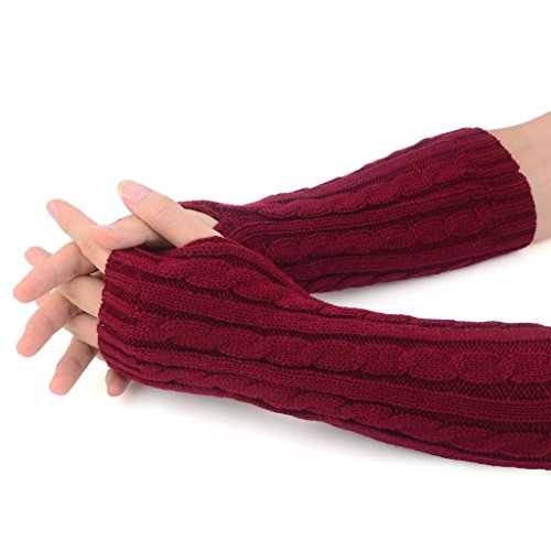 Flammi Women's Cable Knit Arm Warmer Fingerless Gloves Thumb Hole Gloves Mittens (Wine Red)