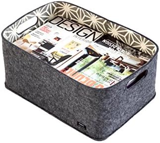 Scandinavian Design - Large Grey Felt Storage Basket with a Contemporary Geometric Print Lining. Ideal for Magazines, Toys and General Storage.