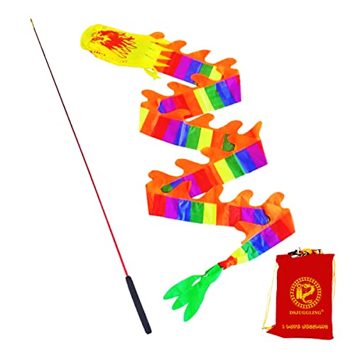 DSJUGGLING 3D Colorful Dragon Silk Flowy Spinning & Shaking Poi - Flinging The Dragon Spiral Practice Ribbon Streamer with Fiberglass Handsticks + Travel Bag! (7 Meters (23 FT), Rainbow Color)