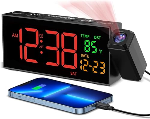 Projection Alarm Clocks Bedside, Loud Alarm Clock with 350° Rotatable Projector, Temperature, Date, 10 Alarmtones, 4 Volumes, 5 Dimmer, USB Charger, Projector Alarm Clock for Bedroom Living Room
