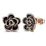 AllenCOCO 18K Gold Plated Black Rose Flower Stud Earrings for Women
