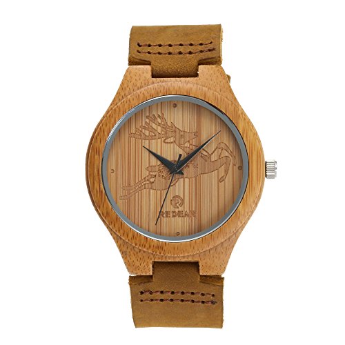 Bamboo Wooden Watch with Genuine Leather Strap Japanese Quartz Movement (Men, Brown 1)