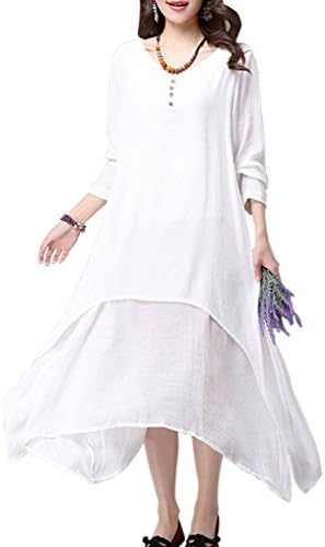CDCLOTH Women's Fake Two Piece Loose Cotton Linen Blend Long Sleeve Dress
