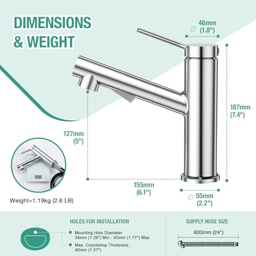 Faustina Mixer Tap Removable Bathroom Tap, Single-Lever Basin Tap Basin Tap Bathroom Taps Cold and Hot Water Stainless Steel, Polished, Chrome