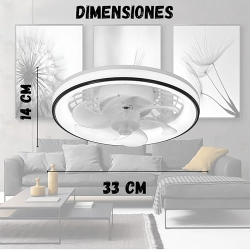 Megaluz LV34W12 Ventilador de techo con luz led y control remoto, 13”, luz blanca fría, neutra y cálida, 6 aspas desmontables, Abanico de techo enchufe E27, 4 velocidades y motor silencioso (Blanco).