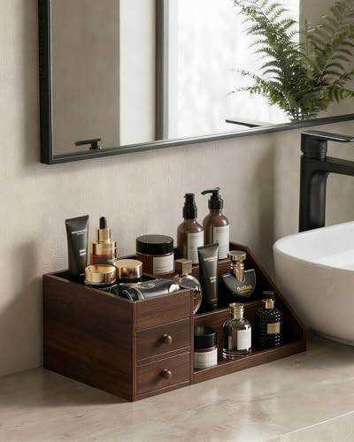 ProCase Wooden Cologne Organizer for Men, 3-Tier Elevated Wood Perfume Storage Display Shelf with Drawers, Dresser Storage Stand Riser for Fragrance Skin Care, Gift for Boys Men Dad Husband (Brown)