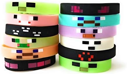 GLOW IN THE DARK MINING PIXELATED Silicone Wristbands Kids Birthday Party Supplies Favors Video Game (12 pack)