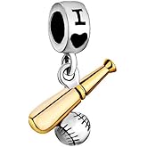 MiiFort Gold Baseball Bat Ball Spacer Dangle Charm fits Pandora Charms Bracelets Sports Two-tone