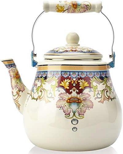 5 Quart Enamel on Steel Teapot,Large Porcelain Enameled Teakettle,Hot Water Tea Kettle,Halogen Induction Cooker Coffee Pot for Stovetop,Small Retro Classic Design