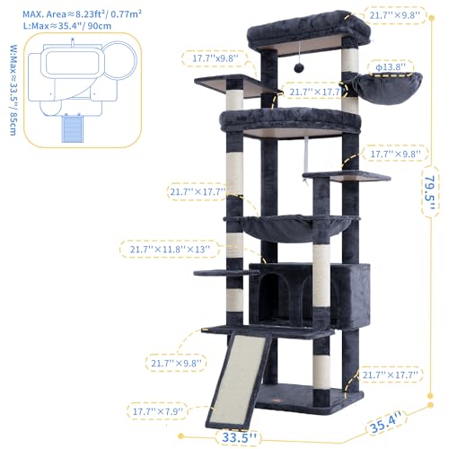 Heybly Tall Cat Tree for Large Cat, 80-inch Multi-Level Cat Tower for Indoor Cats with Large Baseboard, Condo Furniture with 2 Widened Plush Perches,Scratching Board and Big Caves, Smoky Gray HCT038G