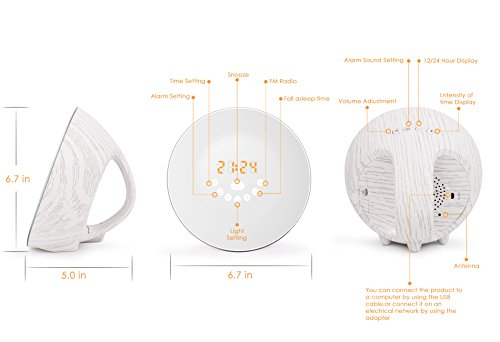 Mosche Sunrise Alarm Clock, Digital Clock, Wake Up Light with 6 Nature Sounds, FM Radio and Touch Control (Wood White)