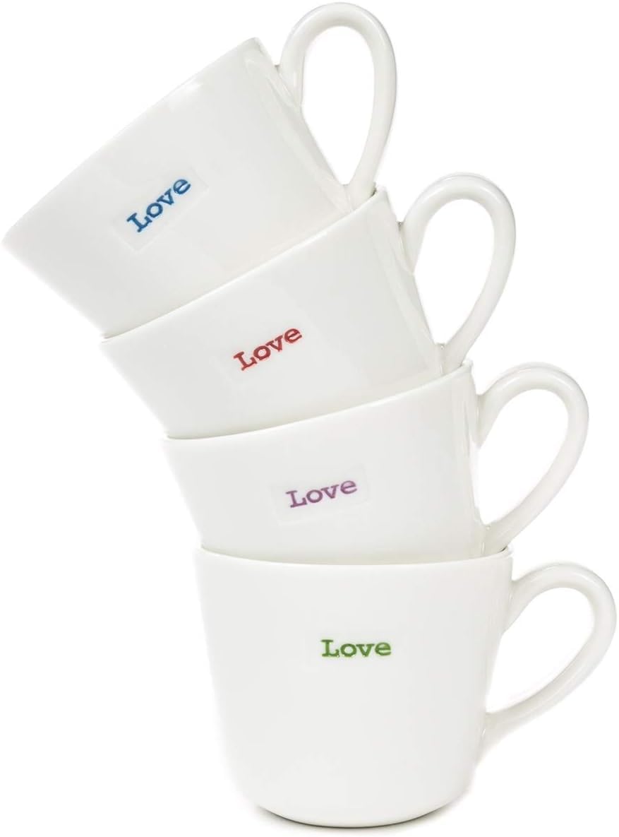 Keith Brymer Jones Word Range Ceramic White Espresso Cup Set of 4 - Gift Boxed - Love - 100ml