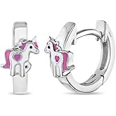 925 Sterling Silver Pink Enamel Unicorn Huggie Hoop Earrings For Girls- Fun & Cute Hinged Locking Earrings For Comfort and Security- Precious and Magical Gift For Little Girls & Teens