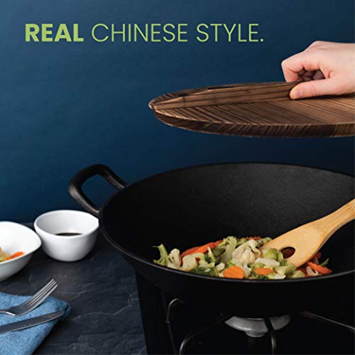 Pre-Seasoned Cast Iron Wok with 2 Handled and Wooden Lid (14 Inches) - Nonstick Iron Deep Frying Pan with Flat Base for Stir-Fry, Grilling, Frying, Steaming - Authentic Asian, Chinese Food By Homeries - Thumbnail 4