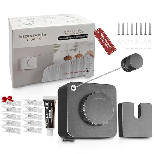 SABN STORE Extendable Outdoor Wall Clothesline, Includes Installation Kit Without Drilling or with Screws for Bathroom/Balcony + Drywall Kit and Set of 10 Clips – Outdoor Wall Clothesline – Extendable Drying Rack