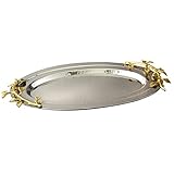 Elegance Golden Vine Hammered Stainless Steel Oval Tray, 16.5 by 10-Inch, Silver/Gold