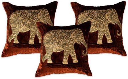 NEHA HANDICRAFTS Velvet Royal Elephant Embossed Golden Work Print Very Soft and Comfortable, Designer and Decorative Cushion Covers (16 x 16 Inches, Light and Rust Brown) -3 Pieces in a Pack