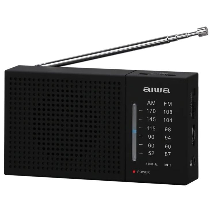 Aiwa Radio Portátil Am/FM Analógica AWFML2, Altavoz 1.5”, Antena Telescópica, Funciona con 2 Pilas AA, Entrada Audífonos 3.5 mm, Compacta y Ligera, Color Negro