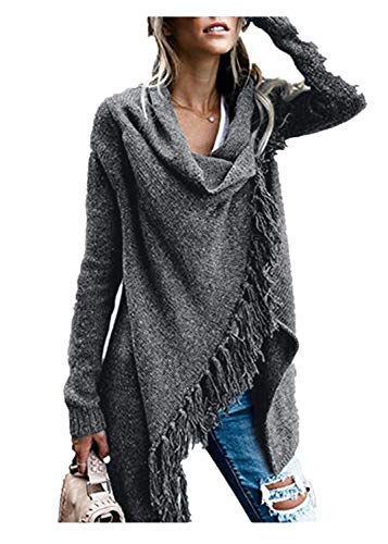 HOSOME Women Sweater Stripes Poncho Fall Tassels Slash Gradient Shawl Hem Fringe Loose Tops Dark Gray - Thumbnail 7