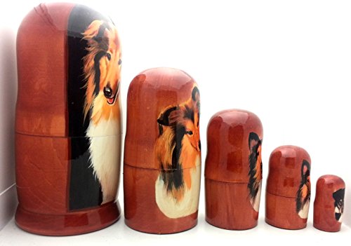 Collie dog nesting dolls Russian Hand Carved Hand Painted 5 piece matryoshka dog Set / 7"H
