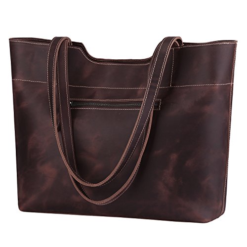 S-ZONE Vintage Genuine Crazy Horse Leather Tote Shoulder Bag Purse with Back Zipper Pocket (Dark Brown)