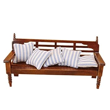 Leoie Wood Couch with Stripe Cushions for 1:12 Doll House Furniture Accessories