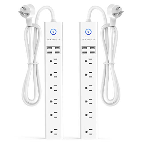 2 Pack Surge Protector Power Strip - 10FT Long Extension Cord with Multiple Outlets, 6 Widely Outlets 4 USB Charging Ports, Flat Plug Overload Surge Protection, Wall Mount for Home, Office ETL Listed