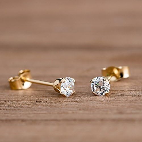 Melanie Golden JewelryTiny Birthstone Gemstone Post Stud Earrings in Sterling Silver | Multiple Color Choices & Sizes | Birthday Earrings for Women (3mm, April | Clear CZ with solid 14K Gold Posts)