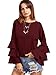SheIn Women's Round Neck Ruffle Long Sleeve Blouse Burgundy Large