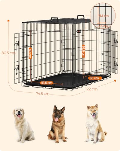 Feandrea PPD48BK Folding Dog Crate with 2 Doors, Separator, Removable Tray, 122 x 74.5 x 80.5 cm, XXL, Black
